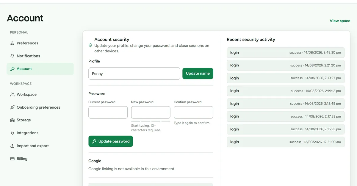 Account settings showing password, active sessions, and data export controls