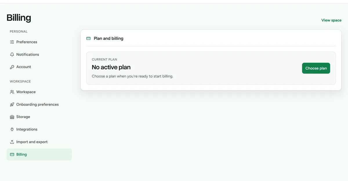 The billing settings screen showing the current plan, trial state, and management actions
