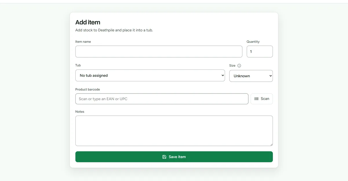 The add item form with name, quantity, size, storage unit, and notes fields