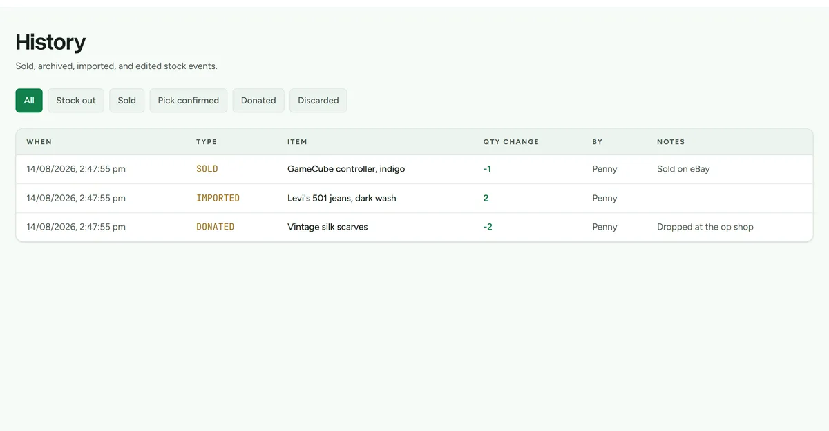 The workspace history screen listing every stock movement with its quantity change