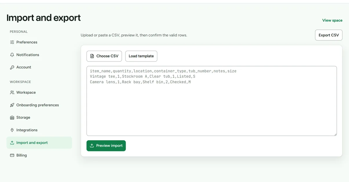 The CSV import screen showing column mapping and a preview of rows to be imported