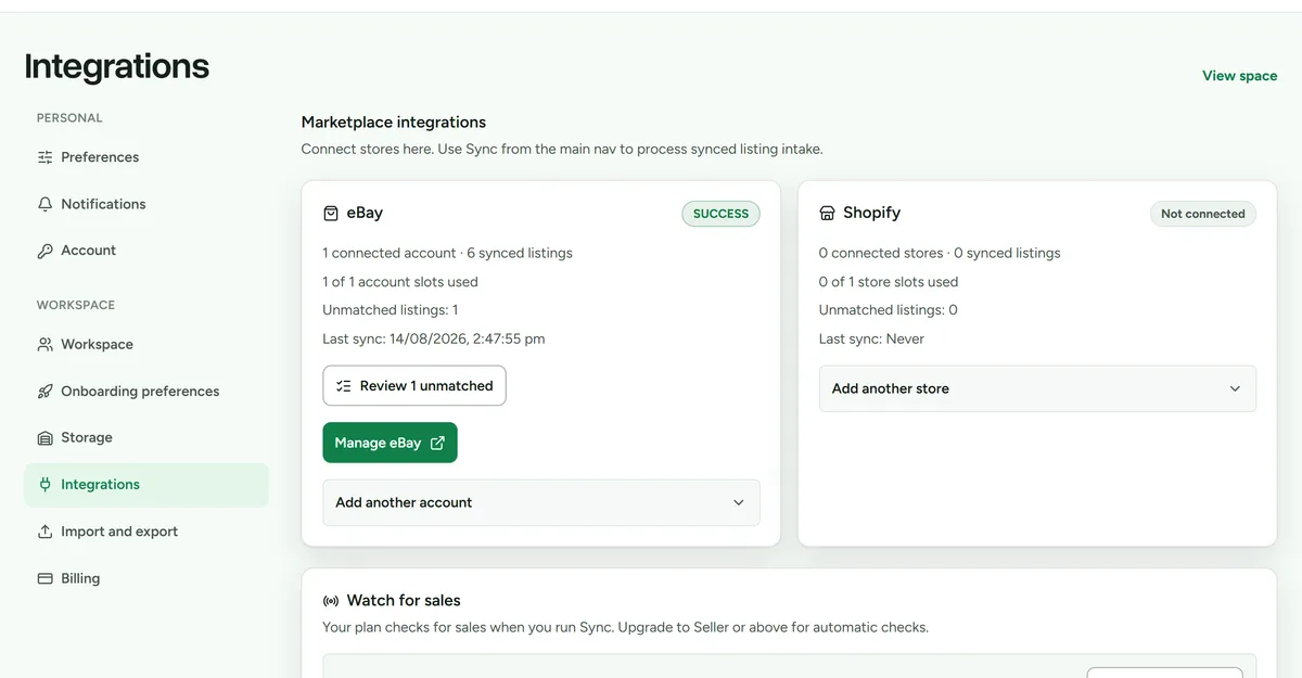 The integrations settings screen showing connected eBay and Shopify accounts with watch switches