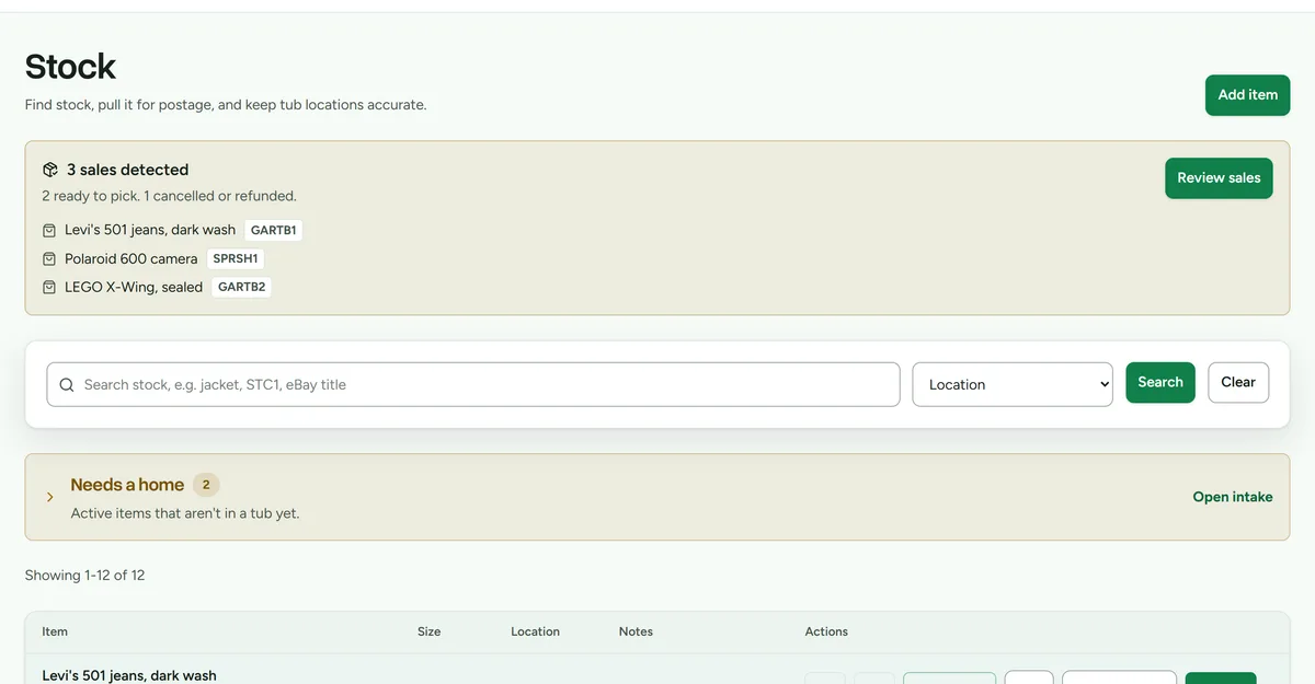 The Stock list with search, a needs-a-home banner, and a table of items with row actions