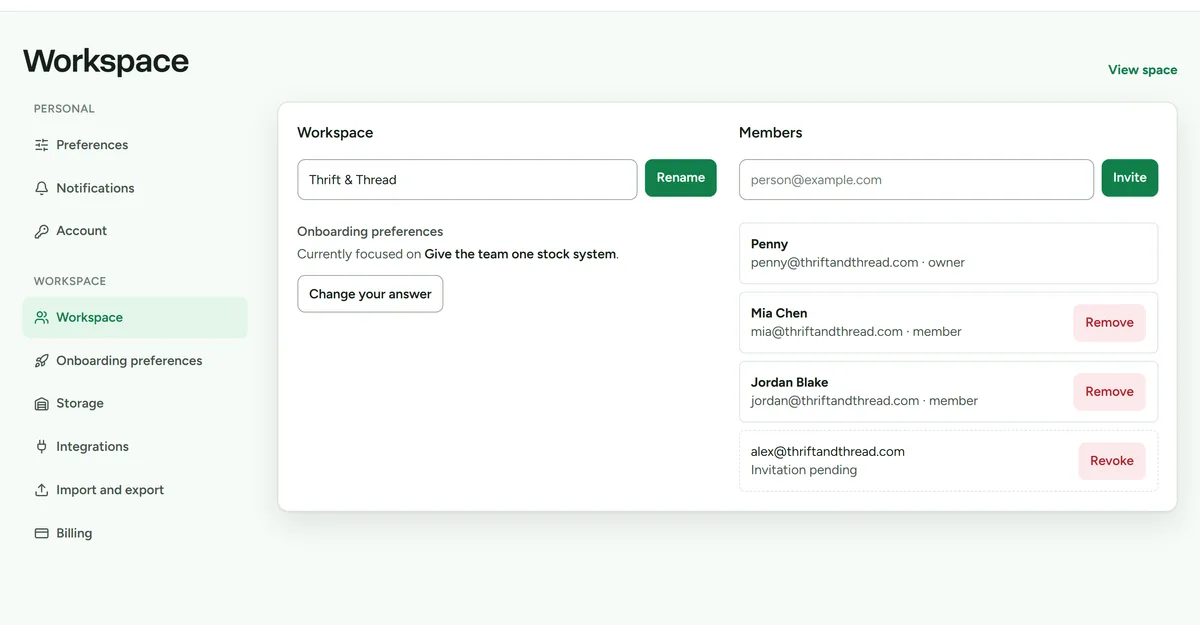 Workspace settings showing members, their roles, and workspace preferences