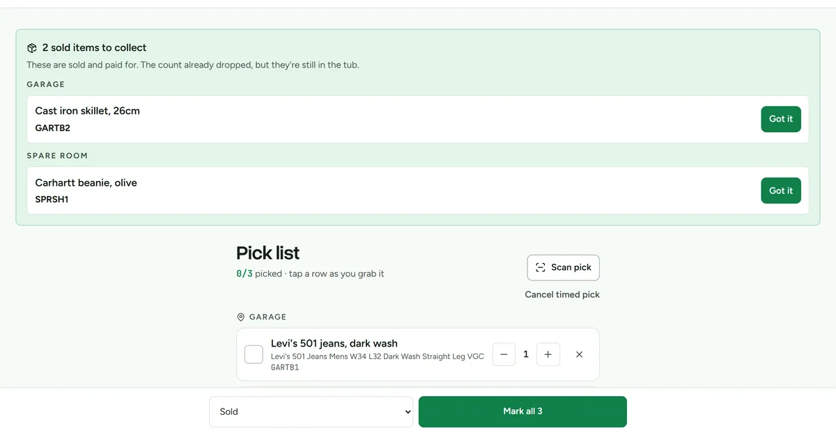 The Pick screen grouped by storage location with mixed collection and manual rows
