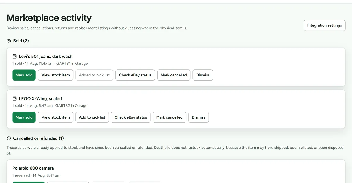 The sales workspace showing detected sales, cancellations, returns, and resolved activity