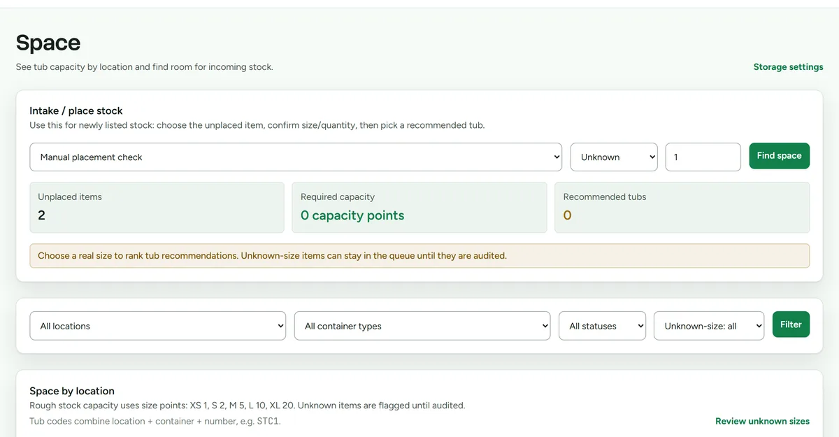 The storage overview showing locations, their container types, and capacity indicators