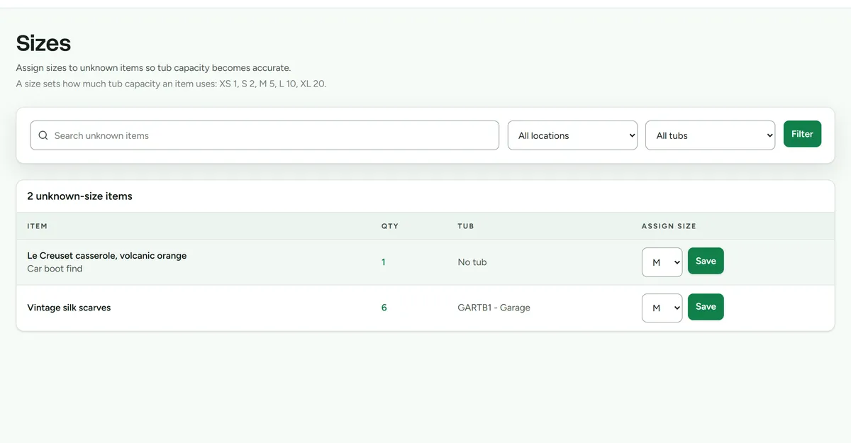 The sizes screen listing items with unknown sizes alongside suggested sizes
