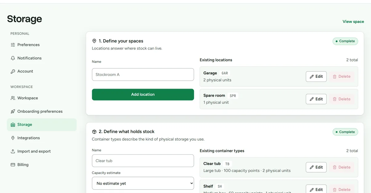 Storage settings showing locations, container types, and numbered storage units